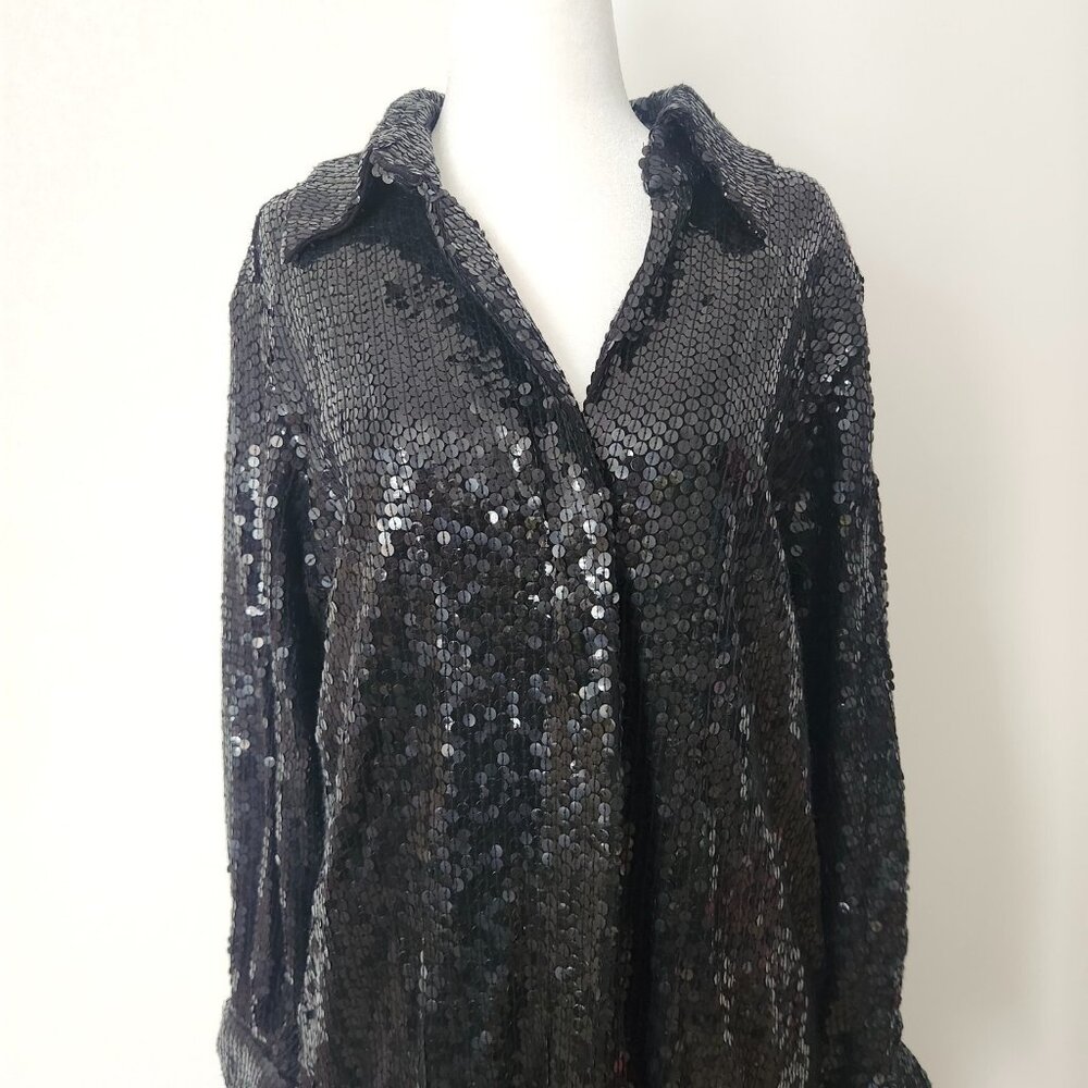 Vintage Halston Sequin Maxi Dress Size 12 Black Zip Collared‎ Formal Party 90s - Picture 3 of 16